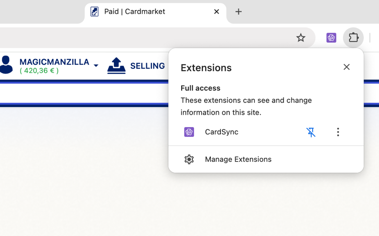 CardSync extension popup showing Label Queue and Ready to Send counts