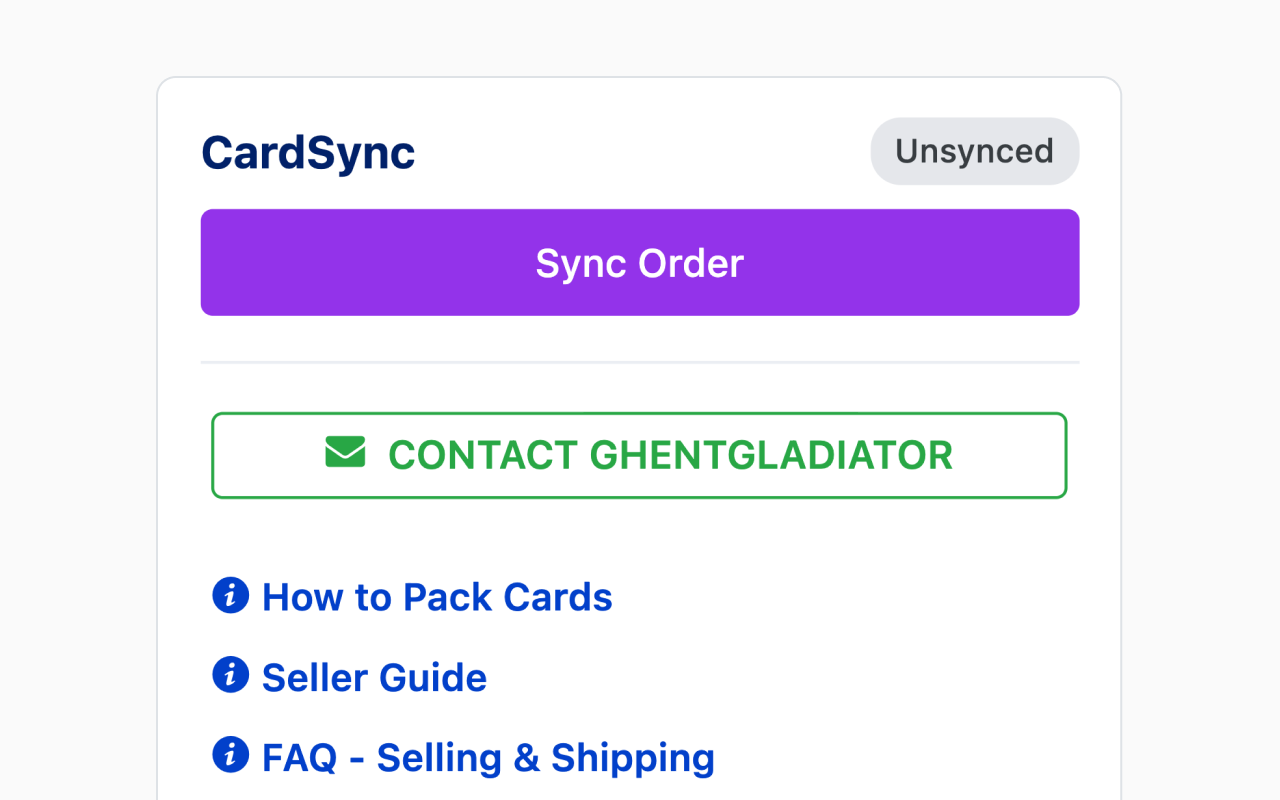 CardSync widget on a Cardmarket order page with Sync Order button